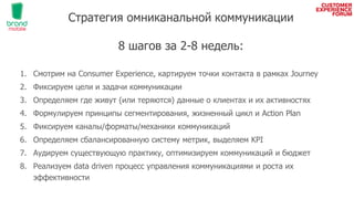 1. Смотрим на Consumer Experience, картируем точки контакта в рамках Journey
2. Фиксируем цели и задачи коммуникации
3. Определяем где живут (или теряются) данные о клиентах и их активностях
4. Формулируем принципы сегментирования, жизненный цикл и Action Plan
5. Фиксируем каналы/форматы/механики коммуникаций
6. Определяем сбалансированную систему метрик, выделяем KPI
7. Аудируем существующую практику, оптимизируем коммуникаций и бюджет
8. Реализуем data driven процесс управления коммуникациями и роста их
эффективности
Стратегия омниканальной коммуникации
8 шагов за 2-8 недель:
 