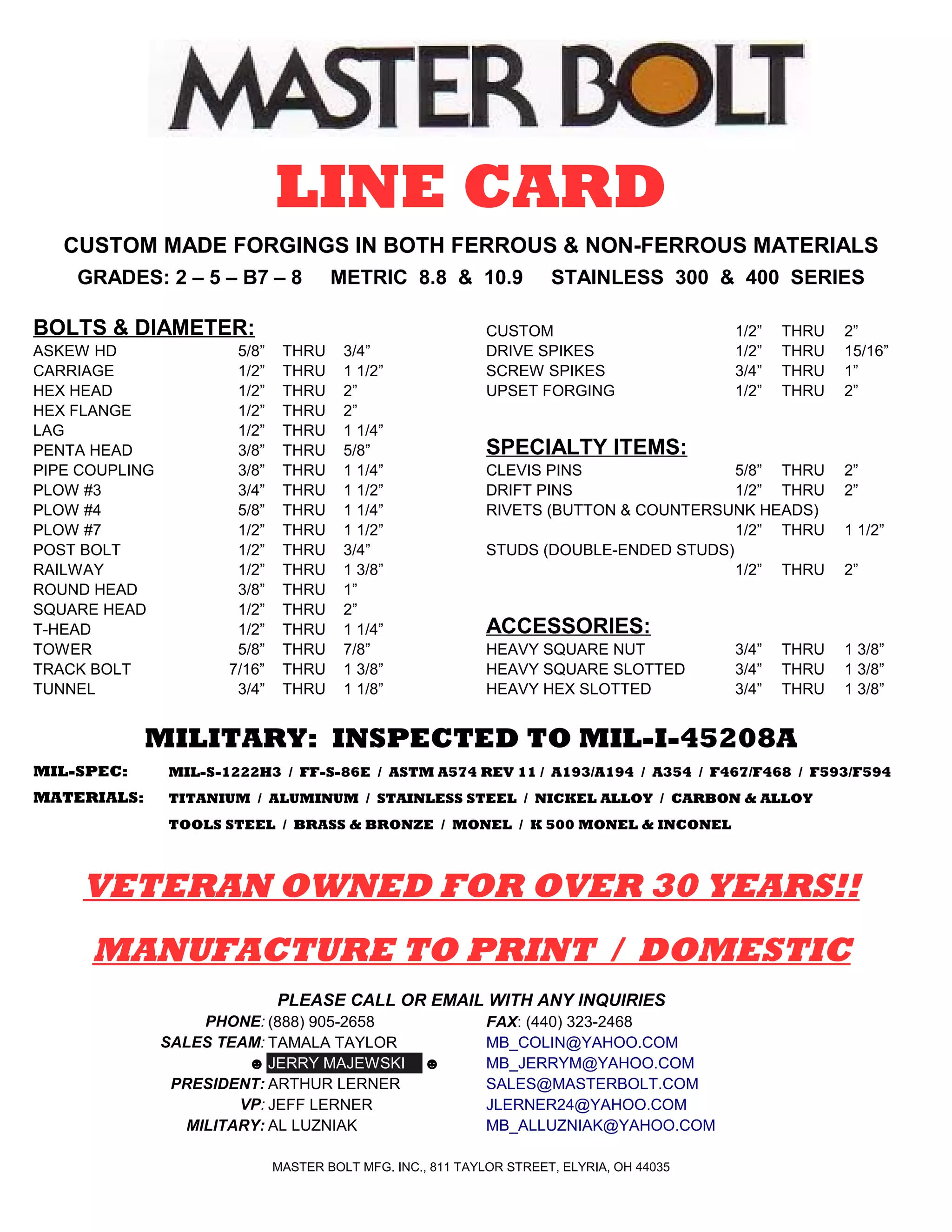 MASTER BOLT LINE CARD - JERRY PERSONAL | PDF | Automotive