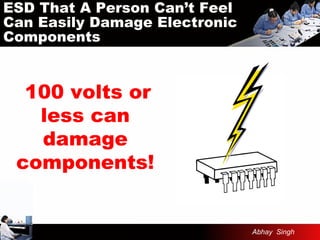 ESD That A Person Can’t FeelESD That A Person Can’t Feel
Can Easily Damage ElectronicCan Easily Damage Electronic
ComponentsComponents
100 volts or
less can
damage
components!
Abhay Singh
 