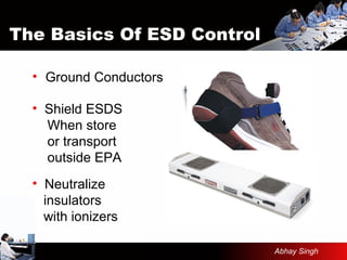 The Basics Of ESD Control
• Ground Conductors
• Shield ESDS
When store
or transport
outside EPA
• Neutralize
insulators
with ionizers
Abhay Singh
 