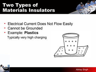 • Electrical Current Does Not Flow Easily
• Cannot be Grounded
• Example: Plastics
Typically very high charging
Two Types ofTwo Types of
Materials InsulatorsMaterials Insulators
Abhay Singh
 