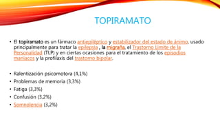 TOPIRAMATO 
• El topiramato es un fármaco antiepiléptico y estabilizador del estado de ánimo, usado 
principalmente para tratar la epilepsia , la migraña, el Trastorno Límite de la 
Personalidad (TLP) y en ciertas ocasiones para el tratamiento de los episodios 
maníacos y la profilaxis del trastorno bipolar. 
• Ralentización psicomotora (4,1%) 
• Problemas de memoria (3,3%) 
• Fatiga (3,3%) 
• Confusión (3,2%) 
• Somnolencia (3,2%) 
 