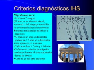 Criterios diagnósticos IHS
Migraña con aura:
•Al menos 2 ataques
(El aura es un síntoma visual,
sensorial o del lenguaje reversible,
no comprende alteración motora)
Síntomas unilaterales positivos o
negativos
•Al menos un sma se desarrolla
gradual en > 5 min y/ o diferentes
smas aparecen en sucesión
•Cada sma dura > 5min y > 60 min
•Cefalea con criterios de migraña,
comienza durante el aura o posterior
dentro de 60min
•Aura no es por otro trastorno
 