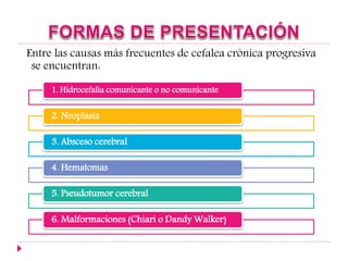 Entre las causas más frecuentes de cefalea crónica progresiva
se encuentran:
1. Hidrocefalia comunicante o no comunicante
2. Neoplasia
3. Absceso cerebral
4. Hematomas
5. Pseudotumor cerebral
6. Malformaciones (Chiari o Dandy Walker)
 