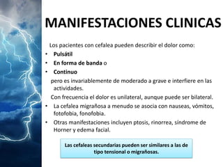 Los pacientes con cefalea pueden describir el dolor como: 
•Pulsátil 
•En forma de bandao 
•Continuo 
pero es invariablemente de moderado a grave e interfiere en las actividades. 
Con frecuencia el dolor es unilateral, aunque puede ser bilateral. 
•La cefalea migrañosa a menudo se asocia con nauseas, vómitos, fotofobia, fonofobia. 
•Otras manifestaciones incluyen ptosis, rinorrea, síndrome de Horner y edema facial. 
Las cefaleas secundarias pueden ser similares a las de tipo tensional o migrañosas. 
MANIFESTACIONES CLINICAS  
