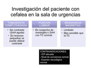 Investigación del paciente con cefalea en la sala de urgencias CONTRAINDICACIONES. - ICP elevada - Nivel de conciencia normal - Examen neurológico normal 