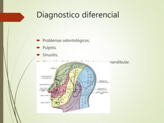 Diagnostico diferencial
 Problemas odontológicos.
 Pulpitis.
 Sinusitis.
 Ateración de la articulación temporomandibular.
 