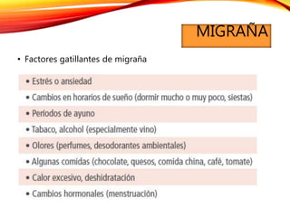 MIGRAÑA
• Factores gatillantes de migraña
 