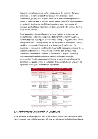 frecuentes complicaciones, o preferencia personal del paciente. Conviene
comunicar al paciente expectativas realistas de la eficacia de estos
tratamientos, ya que, en la mayoría de los casos, el tratamiento preventivo
reduce la recurrencia de la migraña no mucho más de un 50% de cómo lo venía
presentando. Igualmente, también es importante saber y comunicar al
individuo que la eficacia máxima puede demorarse entre 2 y 6 meses desde el
inicio del tratamiento.
Entre las opciones farmacológicas de primera elección se encuentran los
antiepilépticos: ácido valproico (inicio a 250 mg/24 h hasta 500 mg/24 h),
topiramato (inicio a 25 mg por la noche hasta 50 mg/12 h) y zonisamida (inicio
25 mg/noche hasta 100 mg/noche); los betabloqueantes: metoprolol (100-200
mg/24 h) y propranolol (2040 mg/8 h); y flunarizina (5 mg/noche). En
ocasiones, es necesaria la combinación de varios fármacos preventivos entre sí.
Se recomienda mantener el tratamiento alrededor de 6-9 meses. Otro
tratamiento cada vez más usado en la profilaxis de la migraña y con muy
buenos resultados es la inyección de toxina botulínica en músculos
pericraneales. También es necesario informar al paciente migrañoso de los
beneficios que puede ofrecer la realización de ejercicio habitual, una correcta
higiene de sueño y una alimentación equilibrada.
3. 4. ABORDAJE DE LA MIGRAÑA EN URGENCIAS
El paciente que acude a urgencias para el tratamiento de una crisis de migraña suele
hacerlo cuando esta crisis ha resultado refractaria a s tratamiento habitual por vía oral.
 