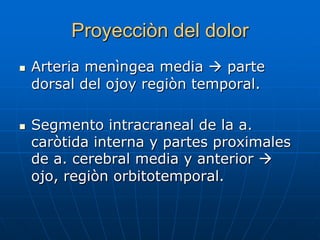 Proyecciòn del dolor
   Arteria menìngea media  parte
    dorsal del ojoy regiòn temporal.

   Segmento intracraneal de la a.
    caròtida interna y partes proximales
    de a. cerebral media y anterior 
    ojo, regiòn orbitotemporal.
 