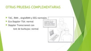 OTRAS PRUEBAS COMPLEMENTARIAS


TAC, RMN , AngioRMN y EEG normales



Eco Doppler TSA: normal



Doppler Transcraneal con
test de burbujas: normal

 
