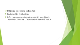 

Etiología infecciosa indirecta:



Endocarditis (embólicas)



Infección parameníngea (meningitis simpática):
Empiema subdural, Osteomielitis craneal, Otitis

 