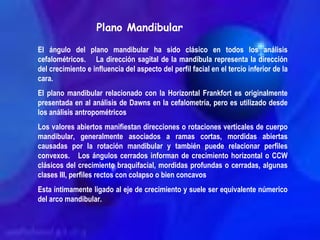 Plano Mandibular El ángulo del plano mandibular ha sido clásico en todos los análisis cefalométricos.  La dirección sagital de la mandíbula representa la dirección del crecimiento e influencia del aspecto del perfil facial en el tercio inferior de la cara. El plano mandibular relacionado con la Horizontal Frankfort es originalmente presentada en al análisis de Dawns en la cefalometría, pero es utilizado desde los análisis antropométricos Los valores abiertos manifiestan direcciones o rotaciones verticales de cuerpo mandibular, generalmente asociados a ramas cortas, mordidas abiertas causadas por la rotación mandibular y también puede relacionar perfiles convexos.  Los ángulos cerrados informan de crecimiento horizontal o CCW clásicos del crecimiento braquifacial, mordidas profundas o cerradas, algunas clases III, perfiles rectos con colapso o bien concavos Esta íntimamente ligado al eje de crecimiento y suele ser equivalente númerico del arco mandibular. 