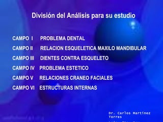 División del Análisis para su estudio CAMPO  I  PROBLEMA DENTAL CAMPO II  RELACION ESQUELETICA MAXILO MANDIBULAR CAMPO III...