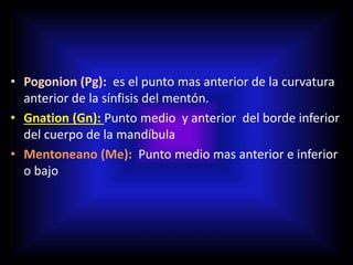 • Pogonion (Pg): es el punto mas anterior de la curvatura
anterior de la sínfisis del mentón.
• Gnation (Gn): Punto medio y anterior del borde inferior
del cuerpo de la mandíbula
• Mentoneano (Me): Punto medio mas anterior e inferior
o bajo
 