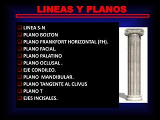 LINEAS Y PLANOS
 LINEA S-N
 PLANO BOLTON
 PLANO FRANKFORT HORIZONTAL (FH).
 PLANO FACIAL.
 PLANO PALATINO
 PLANO OCLUSAL .
 EJE CONDILEO.
 PLANO MANDIBULAR.
 PLANO TANGENTE AL CLIVUS
 PLANO T
 EJES INCISALES.
 