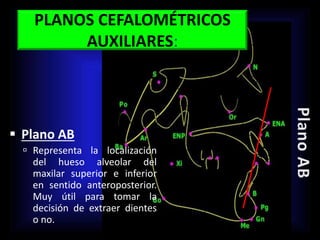 PLANOS CEFALOMÉTRICOS
AUXILIARES:
 Plano AB
 Representa la localización
del hueso alveolar del
maxilar superior e inferior
en sentido anteroposterior.
Muy útil para tomar la
decisión de extraer dientes
o no.
 