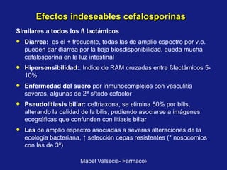 Efectos indeseables cefalosporinas Similares a todos los  ß lactámicos Diarrea:  es el + frecuente, todas las de amplio espectro por v.o. pueden dar diarrea por la baja biosdisponibilidad, queda mucha cefalosporina en la luz intestinal Hipersensibilidad: . Indice de RAM cruzadas entre ßlactámicos 5-10%. Enfermedad del suero  por inmunocomplejos con vasculitis severas, algunas de 2ª s/todo cefaclor Pseudolitiasis biliar:  ceftriaxona, se elimina 50% por bilis, alterando la calidad de la bilis, pudiendo asociarse a imágenes ecográficas que confunden con litiasis biliar Las  de amplio espectro asociadas a severas alteraciones de la ecologia bacteriana, ↑ selección cepas resistentes (* nosocomios con las de 3ª) 