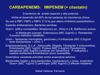 CARBAPENEMS:  IMIPENEM (+ cilastatin)   ß- lactámico de  amplio espectro y alta potencia. Inhibe el desarrollo del 90% de las bacterias de importancia clínica. Se une a PBP1 PBP2 y PBP3. C/ 8 hs (por efecto inhibitorio postantibiótico) Espectro antibacteriano: Bacterias aerobias: Gram+: a)Muy susceptibles: Streptococo pn., Strep.A y B, Stafilococo aureus b) Medianam.suscept.: Enterococos (MIC 3ug/ml) c)  Resistentes: S.aureus meticilino resistente. Gram-:  Neisserias meningitidis, gonorreae y H.influenzae (MIC 0,2ug/ml- tanto  ß lactamasas + como -) Enterobacteriacea: E.c.,K,.,Salmonella, Shigella, Citrobacter,Y.enterocolítica, Enterobacter (MIC 1ug/ml)  Proteus (MIC 2-4ug/ml)  Pseudomona aeruginosa (MIC 5ug/ml) combinar con tobramicina  P.maltophila y cepacia resistentes Acinetobacter (poco susceptible.  Anaerobios: excelente actividad contra anaerobios estrictos Bacteroides fragilis y otros bacteroides, fusobacterium y cocos  anaerobios Gram+ (MIC  1ug/ml)  Cl.perfringes ((MIC 4ug/ml) Cl.dificcile resistente 
