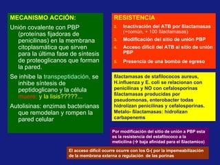 MECANISMO ACCIÓN: Unión covalente con PBP (proteínas fijadoras de penicilinas) en la membrana citoplasmática que sirven para la última fase de síntesis de proteoglicanos que forman la pared. Se inhibe la  transpeptidación,  se inhibe síntesis de peptidoglicano y la célula   muere:  y la lisis?????... Autolisinas: enzimas bacterianas que remodelan y rompen la pared celular RESISTENCIA Inactivación del ATB por  ßlactamasas  (+común, + 100 ßlactamasas) Modificación del sitio de unión PBP Acceso difícil del ATB al sitio de unión PBP Presencia de una bomba de egreso   ßlactamasas de stafilococos aureus, H.influenza y E. coli se relacionan con penicilinas y NO con cefalosporinas ßlactamasas producidas por pseudomonas, enterobacter todas hidrolizan penicilinas y cefalosporinas. Metalo- ßlactamasas: hidrolizan carbapenems   Por modificación del sitio de unión a PBP esta es la resistencia del estafilococo a la meticilina (   baja afinidad para el ßlactamico) El acceso difícil ocurre ocurre con los G-( por la impemeabilización de la membrana externa o regulación  de las porinas 
