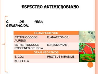 ESPECTRO ANTIMICROBIANO
C. DE 1ERA
GENERACIÓN.
GRAM POSITIVOS
ESTAFILOCOCOS
AUREUS
E. ANAEROBIOS.
ESTREPTOCOCOS
PYOGENES GRUPO A
Y BETA HEMOLITICO
E. NEUMONIAE
E. AGALACTIAE E. VIRIDANS
GRAM NEGATIVOS
E. COLI PROTEUS MIRABILIS
KLEISELLA
 
