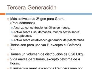 Tercera Generación
 Más activos que 2ª gen para Gram-
(Pseudomonas).
 Alcanza concentraciones útiles en hueso.
 Activo sobre Pseudomonas, menos activo sobre
estreptococo.
 Activo sobre estafilococo generador de β-lactamasa.
 Todos son para uso vía P. excepto el Cefprocil
VO.
 Tienen un volumen de distribución de 0.20 L/kg.
 Vida media de 2 horas, excepto cefixima de 4
horas.
 