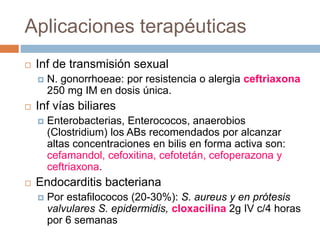 Aplicaciones terapéuticas
 Inf de transmisión sexual
 N. gonorrhoeae: por resistencia o alergia ceftriaxona
250 mg IM en dosis única.
 Inf vías biliares
 Enterobacterias, Enterococos, anaerobios
(Clostridium) los ABs recomendados por alcanzar
altas concentraciones en bilis en forma activa son:
cefamandol, cefoxitina, cefotetán, cefoperazona y
ceftriaxona.
 Endocarditis bacteriana
 Por estafilococos (20-30%): S. aureus y en prótesis
valvulares S. epidermidis, cloxacilina 2g IV c/4 horas
por 6 semanas
 