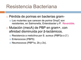Resistencia Bacteriana
 Pérdida de porinas en bacterias gram-
 Las mutantes que carecen de porina OmpC son
resistentes, en Salmonella, Enterobacter y P. Reversible.
 Mutación (mecA) de PBP en gram+, con
afinidad disminuida por β-lactámicos.
 Resistencia a meticilina por S. aureus (PBP2a o 2´)
 Enterococos (PBP5)
 Neumococos (PBP1a, 2b y 2x).
 