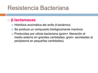 Resistencia Bacteriana
 β-lactamasas
 Hidrólisis enzimática del anillo β-lactámico
 Se produce un compuesto biológicamente inactivos
 Producidas por célula bacteriana (gram+ liberación al
medio externo en grandes cantidades; gram- secretadas al
periplasma en pequeñas cantidades).
 