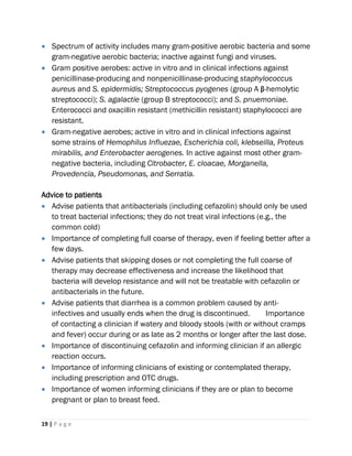 19 | P a g e
 Spectrum of activity includes many gram-positive aerobic bacteria and some
gram-negative aerobic bacteria; inactive against fungi and viruses.
 Gram positive aerobes: active in vitro and in clinical infections against
penicillinase-producing and nonpenicillinase-producing staphylococcus
aureus and S. epidermidis; Streptococcus pyogenes (group A β-hemolytic
streptococci); S. agalactie (group B streptococci); and S. pnuemoniae.
Enterococci and oxacillin resistant (methicillin resistant) staphylococci are
resistant.
 Gram-negative aerobes; active in vitro and in clinical infections against
some strains of Hemophilus Influezae, Escherichia coli, klebseilla, Proteus
mirabilis, and Enterobacter aerogenes. In active against most other gram-
negative bacteria, including Citrobacter, E. cloacae, Morganella,
Provedencia, Pseudomonas, and Serratia.
Advice to patients
 Advise patients that antibacterials (including cefazolin) should only be used
to treat bacterial infections; they do not treat viral infections (e.g., the
common cold)
 Importance of completing full coarse of therapy, even if feeling better after a
few days.
 Advise patients that skipping doses or not completing the full coarse of
therapy may decrease effectiveness and increase the likelihood that
bacteria will develop resistance and will not be treatable with cefazolin or
antibacterials in the future.
 Advise patients that diarrhea is a common problem caused by anti-
infectives and usually ends when the drug is discontinued. Importance
of contacting a clinician if watery and bloody stools (with or without cramps
and fever) occur during or as late as 2 months or longer after the last dose.
 Importance of discontinuing cefazolin and informing clinician if an allergic
reaction occurs.
 Importance of informing clinicians of existing or contemplated therapy,
including prescription and OTC drugs.
 Importance of women informing clinicians if they are or plan to become
pregnant or plan to breast feed.
 