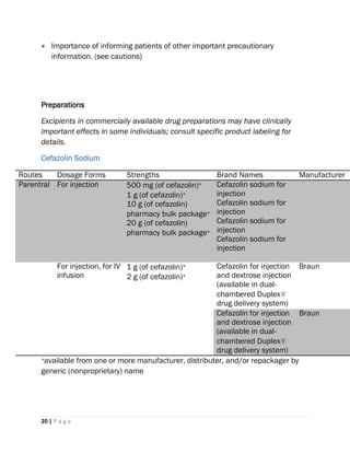 20 | P a g e
 Importance of informing patients of other important precautionary
information. (see cautions)
Preparations
Excipients in commercially available drug preparations may have clinically
important effects in some individuals; consult specific product labeling for
details.
Cefazolin Sodium
Routes Dosage Forms Strengths Brand Names Manufacturer
Parentral For injection 500 mg (of cefazolin)*
1 g (of cefazolin)*
10 g (of cefazolin)
pharmacy bulk package*
20 g (of cefazolin)
pharmacy bulk package*
Cefazolin sodium for
injection
Cefazolin sodium for
injection
Cefazolin sodium for
injection
Cefazolin sodium for
injection
For injection, for IV
infusion
1 g (of cefazolin)*
2 g (of cefazolin)*
Cefazolin for injection
and dextrose injection
(available in dual-
chambered Duplex®
drug delivery system)
Braun
Cefazolin for injection
and dextrose injection
(available in dual-
chambered Duplex®
drug delivery system)
Braun
*available from one or more manufacturer, distributer, and/or repackager by
generic (nonproprietary) name
 
