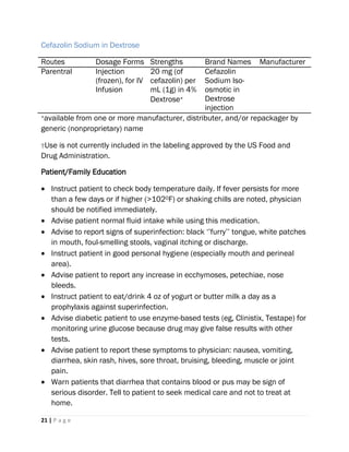 21 | P a g e
Cefazolin Sodium in Dextrose
Routes Dosage Forms Strengths Brand Names Manufacturer
Parentral Injection
(frozen), for IV
Infusion
20 mg (of
cefazolin) per
mL (1g) in 4%
Dextrose*
Cefazolin
Sodium Iso-
osmotic in
Dextrose
injection
*available from one or more manufacturer, distributer, and/or repackager by
generic (nonproprietary) name
†Use is not currently included in the labeling approved by the US Food and
Drug Administration.
Patient/Family Education
 Instruct patient to check body temperature daily. If fever persists for more
than a few days or if higher (>1020F) or shaking chills are noted, physician
should be notified immediately.
 Advise patient normal fluid intake while using this medication.
 Advise to report signs of superinfection: black ‘’furry’’ tongue, white patches
in mouth, foul-smelling stools, vaginal itching or discharge.
 Instruct patient in good personal hygiene (especially mouth and perineal
area).
 Advise patient to report any increase in ecchymoses, petechiae, nose
bleeds.
 Instruct patient to eat/drink 4 oz of yogurt or butter milk a day as a
prophylaxis against superinfection.
 Advise diabetic patient to use enzyme-based tests (eg, Clinistix, Testape) for
monitoring urine glucose because drug may give false results with other
tests.
 Advise patient to report these symptoms to physician: nausea, vomiting,
diarrhea, skin rash, hives, sore throat, bruising, bleeding, muscle or joint
pain.
 Warn patients that diarrhea that contains blood or pus may be sign of
serious disorder. Tell to patient to seek medical care and not to treat at
home.
 