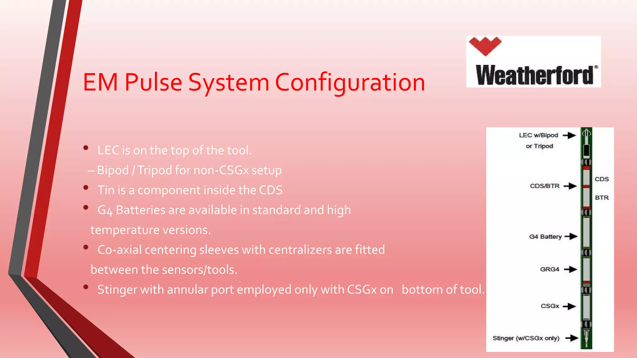 EM Pulse System Configuration
• LEC is on the top of the tool.
– Bipod /Tripod for non-CSGx setup
• Tin is a component inside the CDS
• G4 Batteries are available in standard and high
temperature versions.
• Co-axial centering sleeves with centralizers are fitted
between the sensors/tools.
• Stinger with annular port employed only with CSGx on bottom of tool.
 