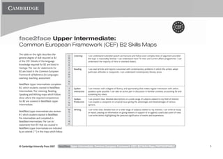 © Cambridge University Press 2007 face2face Upper Intermediate: Common European Framework (CEF) B2 Skills Maps PHOTOCOPIABLE 1
face2face Upper Intermediate:
Common European Framework (CEF) B2 Skills Maps
U
N
D
E
R
S
T
A
N
D
I
N
G
Listening I can understand extended speech and lectures and follow even complex lines of argument provided
the topic is reasonably familiar. I can understand most TV news and current affairs programmes. I can
understand the majority of ﬁlms in standard dialect.
Reading I can read articles and reports concerned with contemporary problems in which the writers adopt
particular attitudes or viewpoints. I can understand contemporary literary prose.
S
P
E
A
K
I
N
G
Spoken
interaction
I can interact with a degree of ﬂuency and spontaneity that makes regular interaction with native
speakers quite possible. I can take an active part in discussion in familiar contexts, accounting for and
sustaining my views.
Spoken
Production
I can present clear, detailed descriptions on a wide range of subjects related to my ﬁeld of interest.
I can explain a viewpoint on a topical issue giving the advantages and disadvantages of various
options.
W
R
I
T
I
N
G
Writing I can write clear, detailed text on a wide range of subjects related to my interest. I can write an essay
or report, passing on information or giving reasons in support of or against a particular point of view.
I can write letters highlighting the personal signiﬁcance of events and experiences.
The table on the right describes the
general degree of skill required at B2
of the CEF. Details of the language
knowledge required for B2 are listed in
Vantage.The ‘can do’ statements for
B2 are listed in the Common European
Framework of Reference for Languages:
Learning, teaching, assessment.
face2face Upper Intermediate completes
B2, which students started in face2face
Intermediate.The Listening, Reading,
Speaking and Writing maps which follow
show where the required competences
for B2 are covered in face2face Upper
Intermediate.
face2face Upper Intermediate also reviews
B1, which students started in face2face
Pre-intermediate and completed in
face2face Intermediate.The‘can do’
statements from B1 that are covered in
face2face Upper Intermediate are indicated
by an asterisk ( * ) in the maps which follow.
 