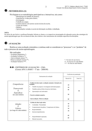 CEF T2 – Cidadania e Mundo Actual – 1º ANO
Formador: Dora Moraes (Departamento História e Geografia)
2
- METODOLOGIA (S)
Privilegiam-se as metodologias participativas e interactivas, tais como:
- Metodologia do trabalho de projecto;
- Experiências vividas pelos alunos;
- Investigação;
- Trabalho de campo;
- Contacto directo com actores sociais da área da escola;
- Visitas de Estudo;
- Debates;
- Apresentações variadas à escola da informação recolhida e trabalhada.
NOTA:
No início do ano lectivo o professor/formador informa os alunos e os respectivos encarregados de educação acerca das estratégias de
ensino-aprendizagem que vão ser desenvolvidas, dos critérios e dos instrumentos de avaliação específicos da disciplina.
- AVALIAÇÃO
Realiza-se uma avaliação sistemática e contínua onde se consideram os “processos” e os “produtos” de
todo o processo de ensino-aprendizagem.
São realizadas:
- Avaliação Diagnóstico *;
- Avaliação Formativa **;
- Auto-avaliação (aluno) **;
- Hetero-avaliação (turma) **; * - No início do ano lectivo.
- Avaliação Sumativa ***. ** - No decorrer de cada Módulo
*** - No final de cada Módulo.
- CRITÉRIOS DE AVALIAÇÃO – CMA
(Cursos APA I e BAR I – 1º ano – 2008/09)
Instrumentos de avaliação
Coeficiente de ponderação
Parcial (%) Total (%)
Competências
Transversais
E
Específicas
(de cada módulo)
- Grelhas de observação e avaliação constante e formativa de
trabalhos
Trabalho de pesquisa e investigação (individuais/grupo);
Trabalhos práticos/fichas formativas individuais;
Apresentação oral (individual)
- Teste de avaliação sumativa
- Auto-avaliação e Hetero-avaliação
10
10
05
20
05
50
Atitudes
E
Valores
(ao longo de cada módulo)
- Grelhas de observação sobre:
Assiduidade / Pontualidade
Comportamento disciplinar / Cumprimento de Ordens;
Responsabilidade;
Interesse/empenhamento;
Disponibilidade/Cooperação;
Material necessário;
10
10
10
10
05
05
50
 