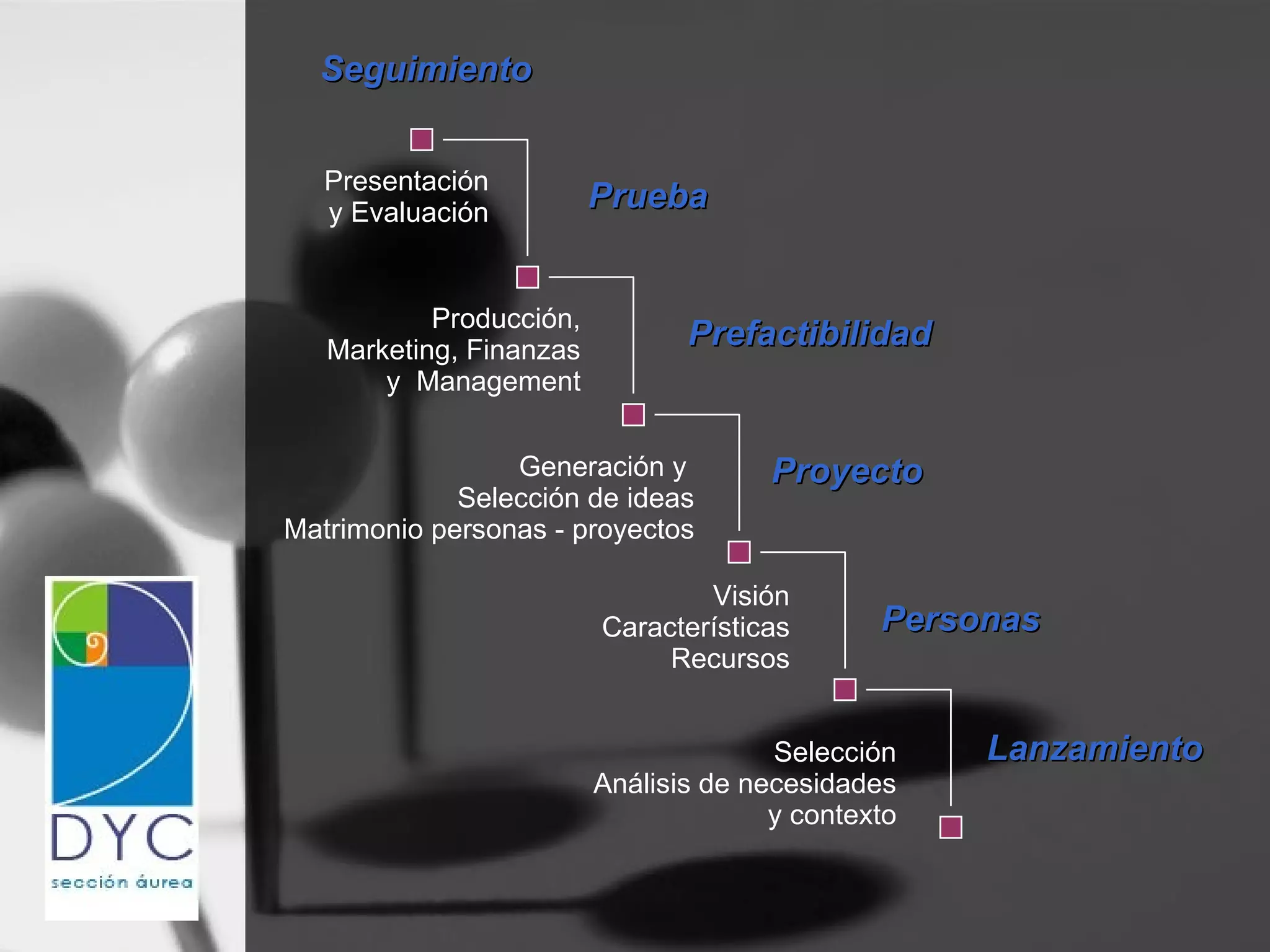 Lanzamiento Personas Selección Análisis de necesidades y contexto Visión Características Recursos Generación y  Selección de ideas Matrimonio personas - proyectos Proyecto Producción, Marketing, Finanzas y  Management Prefactibilidad Prueba Presentación y Evaluación Seguimiento 