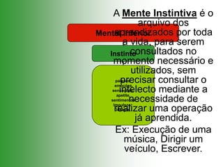 A Mente Instintiva é o arquivo dos aprendizados por toda a vida, para serem consultados no momento necessário e utilizados, sem precisar consultar o intelecto mediante a necessidade de realizar uma operação já aprendida.Ex: Execução de uma música, Dirigir um veículo, Escrever. 