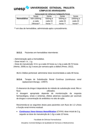 horas horas horas horas
Hemodiálise 500-1000mg
a cada
24horas**
500mg a
cada 24
horas **
500mg a
cada 24
horas **
1000mg a
cada 24
horas**
** em dias de hemodiálise, administrada após o procedimento.
10.3.2. Pacientes em hemodiálise intermitente:
- Administração após a hemodiálise.
- Dose inicial: I.V., 1 g.
- Dose de manutenção: 0.5-1 g a cada 24 horas ou 1-2g a cada 48-72 horas
(Heintz, 2009) ou 2g 3 vezes por semana após a diálise (Perez, 2012).
10.3.3. Diálise peritoneal: administrar dose recomendada a cada 48 horas.
10.3.4. Terapia de Substituição Renal Contínua (continuous renal
replacement therapy - CRRT):
O clearance da droga é dependente do método de substituição renal, filtro e
fluxo utilizados.
A dosagem apropriada depende de monitorização da resposta
farmacológica, sinais e sintomas, efeitos adversos causados por acúmulo
de drogas e concentração do antibiótico no sitio de ação.
Recomenda-se as seguintes doses para pacientes com fluxo de 1-2 L/hora
e função renal mínima residual:
• Continuous Veno-Venous Hemofiltration (CVVH): dose inicial de 2 g,
seguido se dose de manutenção de 1-2g a cada 12 horas.
Faculdade de Ciências Farmacêuticas
Disciplina: Controle Biológico de Qualidade de Fármacos e Medicamentos
 