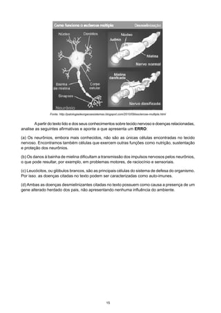 Fonte: http://patologiadeorgaosesistemas.blogspot.com/2010/09/esclerose-multipla.html
	 Apartir do texto lido e dos seus conhecimentos sobre tecido nervoso e doenças relacionadas,
analise as seguintes afirmativas e aponte a que apresenta um ERRO:
(a) Os neurônios, embora mais conhecidos, não são as únicas células encontradas no tecido
nervoso. Encontramos também células que exercem outras funções como nutrição, sustentação
e proteção dos neurônios.
(b) Os danos à bainha de mielina dificultam a transmissão dos impulsos nervosos pelos neurônios,
o que pode resultar, por exemplo, em problemas motores, de raciocínio e sensoriais.
(c) Leucócitos, ou glóbulos brancos, são as principais células do sistema de defesa do organismo.
Por isso, as doenças citadas no texto podem ser caracterizadas como auto-imunes.
(d) Ambas as doenças desmielinizantes citadas no texto possuem como causa a presença de um
gene alterado herdado dos pais, não apresentando nenhuma influência do ambiente.
15
 