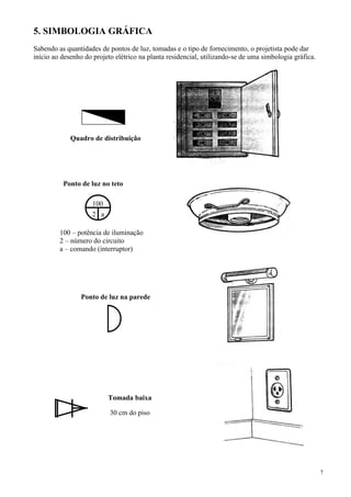 5. SIMBOLOGIA GRÁFICA
Sabendo as quantidades de pontos de luz, tomadas e o tipo de fornecimento, o projetista pode dar
início ao desenho do projeto elétrico na planta residencial, utilizando-se de uma simbologia gráfica.
7
Quadro de distribuição
100
2 a
100 – potência de iluminação
2 – número do circuito
a – comando (interruptor)
Ponto de luz no teto
Ponto de luz na parede
Tomada baixa
30 cm do piso
 
