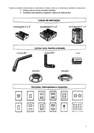 Tendo-se medido e relacionado os eletrodutos e fiação, conta-se e relaciona-se também o número de:
             • Caixas, curvas, luvas, arruelas e buchas;
             • Tomadas, interruptores, conjuntos e placas de saída de fios




                                                                                                     5
 