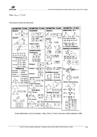................................................................................ Centro Federal de Educação Tecnológica de Minas Gerais. Campus VIII – Varginha



Resp.: Scoroa =   7π cm2


Fórmulas em Geral de Geometria




       Fonte: Matemática: Curso Completo – Nery, Chico e Trotta, Fernando. Editora Moderna.1988.




                  Curso Pró-Técnico. Disciplina: Matemática – Professores: Antonio José B. Bottion e Paulo Henrique C. Pereira                                        143
 