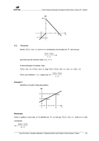 ............................................................. Centro Federal de Educação Tecnológica de Minas Gerais. Campus VIII - Varginha



                                                            y
                                                       (0,3)




                                                   -1
                                                                                        3               x
                                            (-1,-1)             -1



9.2.      Teorema
          Sendo     f ( x ) = mx + n (com m e n constantes) uma função em ℝ , tem-se que:

                                                            f ( r ) − f (s )
                                                                                 =m
                                               r −s
          para todo par de números reais r e s, r ≠ s .


          A demonstração é imediata. Veja:

          f ( r ) = mr + n e f ( s ) = ms + n , logo f ( r ) − f ( s ) = mr + n − ms − n = m ( r − s ) .

                                                                               f ( r ) − f (s )
          Como, por hipótese,             r ≠ s , segue que m =                                   .
                                                                                    r −s

Exemplo 7
          Identificar a função f dada pelo gráfico:

                                                   y


                                                  5                                  (6,5)

                                                  3                 (2,3)




                                                                2                   6           x



Resolução:

Como o gráfico é uma reta, a f é definida em                                ℝ e é tal que f ( x ) = mx + n , onde m e n são
constantes.

       f ( 6) − f ( 2)
m=
           6−2


        Curso Pro-Técnico - Disciplina: Matemática - Professores Antônio José B. Bottion e Paulo Henrique C. Pereira                               92
 