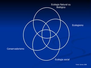 Conservadorismo Ecologismo Ecologia social Ecologia Natural ou Biológica Fonte: Gomes 2008 