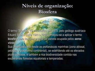 Níveis de organização: Biosfera O termo "Biosfera" foi introduzido, em 1875, pelo geólogo austríaco Eduard Suess. Entre 1920 e 1930 começou-se a aplicar o termo  biosfera  para designar a parte do planeta ocupada pelos  seres vivos .  Sua amplitude varia desde as profundezas marinhas (zona abissal, pelágica e plataforma continental), se estendendo até os elevados picos rochosos, e também a rica biodiversidade contida nas exuberantes florestas equatoriais e temperadas. 