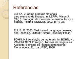 Referências
LEFFA, V. Como produzir materiais
para o ensino de línguas. In: LEFFA, Vilson J.
(Org.). Produção de materiais de ensino: teoria e
prática. Pelotas: EDUCAT, 2003, p. 13-38.


ELLIS, R. 2003. Task-based Language Learning
and Teaching. Oxford: Oxford University Press.

BOHN, H.I. Avaliação de materiais. In: BOHN, H.,
VANDRESEN, P. (orgs.). Tópicos de Lingüística
Aplicada: o ensino de línguas estrangeiras.
Florianópolis: Ed. da UFSC, 1988.
 