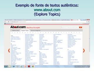Exemplo de fonte de textos autênticos: www.about.com (Explore Topics) 