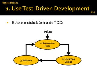 Regras Básicas


                                                              5/10



       Este é o ciclo básico do TDD:

                                  INÍCIO



                               1. Escreva um
                                    Teste




                                               2. Escreva o
                 3. Refatore
                                                  Código
 