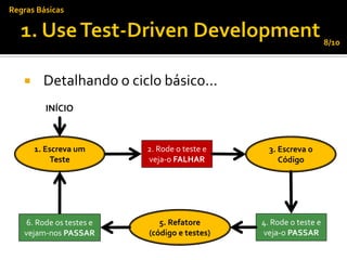 Regras Básicas


                                                                  8/10



        Detalhando o ciclo básico...
         INÍCIO



       1. Escreva um      2. Rode o teste e     3. Escreva o
            Teste         veja-o FALHAR            Código




    6. Rode os testes e      5. Refatore      4. Rode o teste e
   vejam-nos PASSAR       (código e testes)   veja-o PASSAR
 