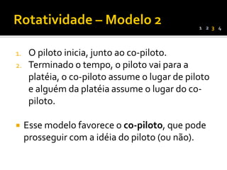 1 2 3 4



1.    O piloto inicia, junto ao co-piloto.
2.    Terminado o tempo, o piloto vai para a
      platéia, o co-piloto assume o lugar de piloto
      e alguém da platéia assume o lugar do co-
      piloto.

    Esse modelo favorece o co-piloto, que pode
     prosseguir com a idéia do piloto (ou não).
 